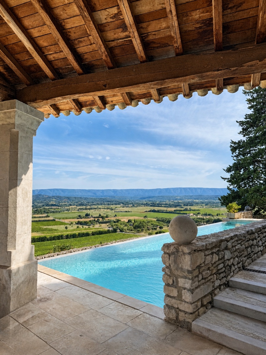Covered stone terrace with infinity pool over the Provençal valley