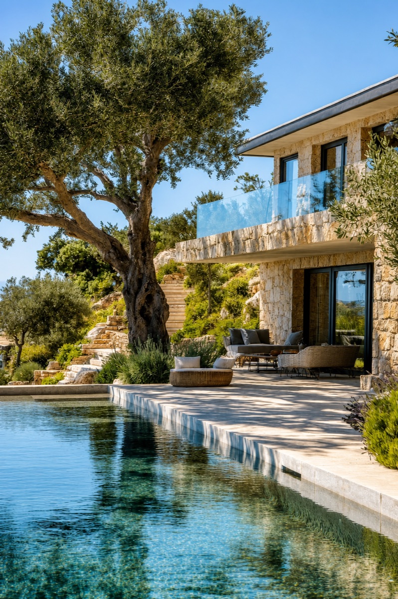 Contemporary stone villa with olive tree and infinity pool